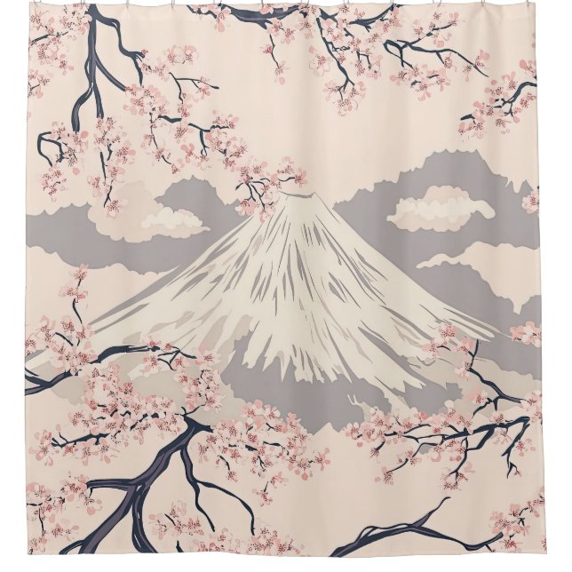 Soft Pink Sakura Mount Fuji Scenic Pattern Shower Curtain (Front)