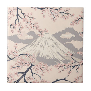 Soft Pink Sakura Mount Fuji Scenic Pattern Tile