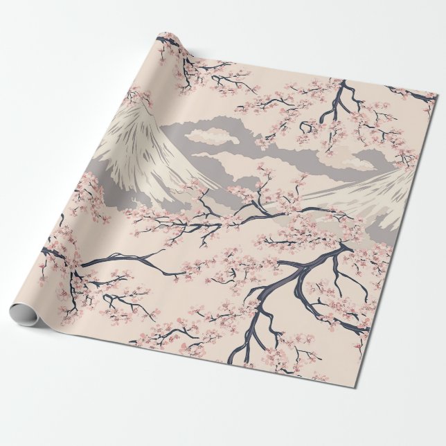 Soft Pink Sakura Mount Fuji Scenic Pattern Wrapping Paper (Unrolled)
