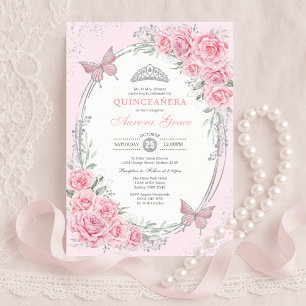 Soft Pink Silver Quinceañera Rose Flower Butterfly Invitation