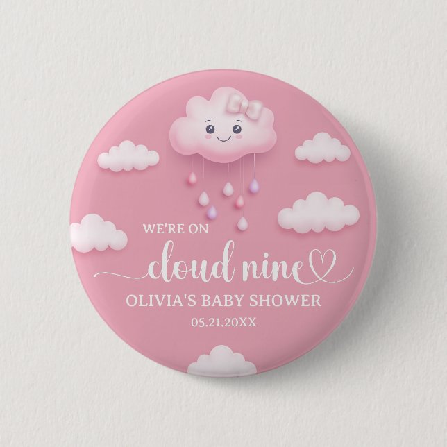 Soft pink sky white fluffy cloud nine baby shower 6 cm round badge (Front)