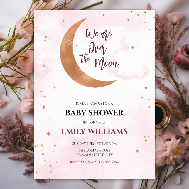 Soft Pink Stars Over the Moon Baby Girl Shower   Invitation (Creator Uploaded)