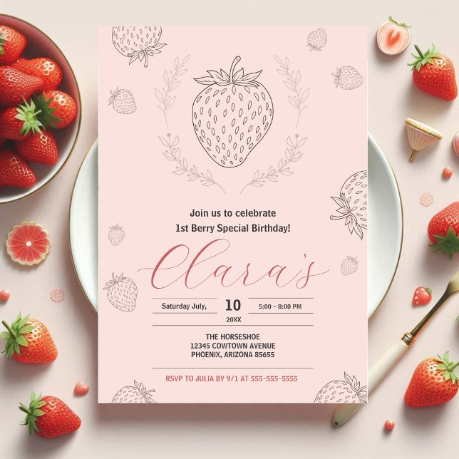Soft Pink Strawberry Minimaliste BirthDay Party Invitation (Creator Uploaded)
