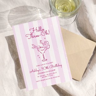 Soft Pink Stripe Hand Drawn Cocktail 30th Birthday Invitation