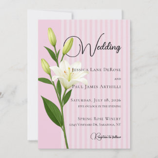 Soft Pink Striped White Lily Wedding Invitation