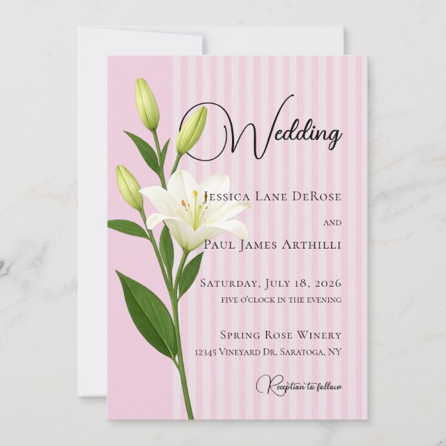 Soft Pink Striped White Lily Wedding Invitation (Front)