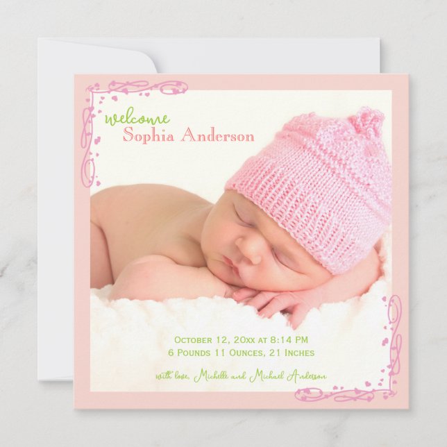 Soft Pink Swirl Baby Girl Photo Birth Announcement (Front)