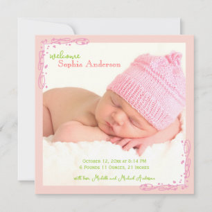 Soft Pink Swirl Baby Girl Photo Birth Announcement
