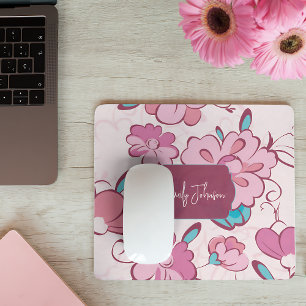 Soft Pink Teal Floral Monogram Design Custom Name Mouse Mat