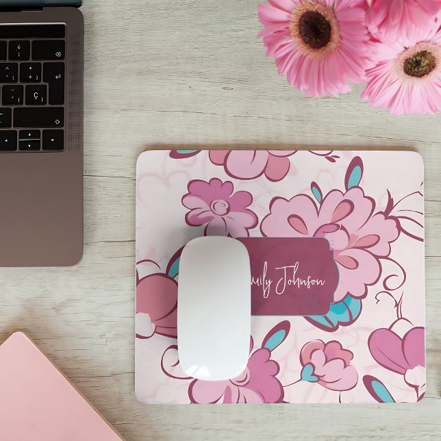 Soft Pink Teal Floral Monogram Design Custom Name Mouse Mat (Soft Pink Teal Floral Monogram Design Custom Name Mouse Pad)