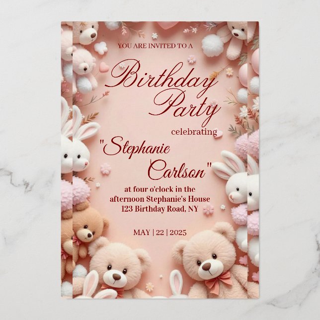 Soft Pink Teddy Bear Birthday Invitation (Front)