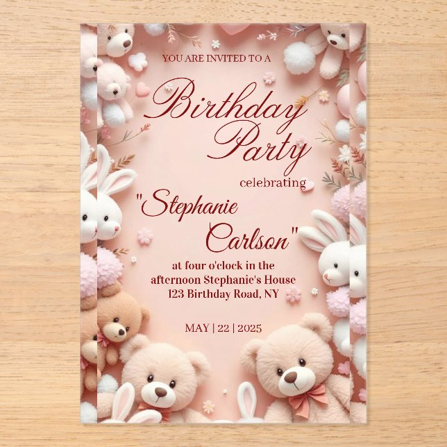 Soft Pink Teddy Bear Birthday Invitation (Front)