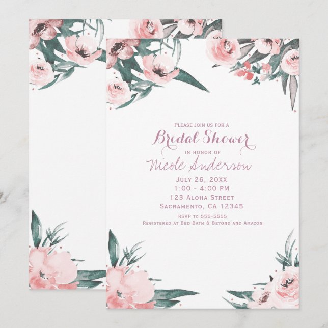 Soft Pink Tropical Summer Floral Bridal Shower Invitation (Front/Back)