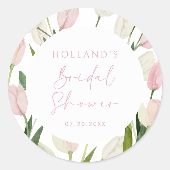 Soft Pink Tulip Bridal Shower Classic Round Sticker (Front)