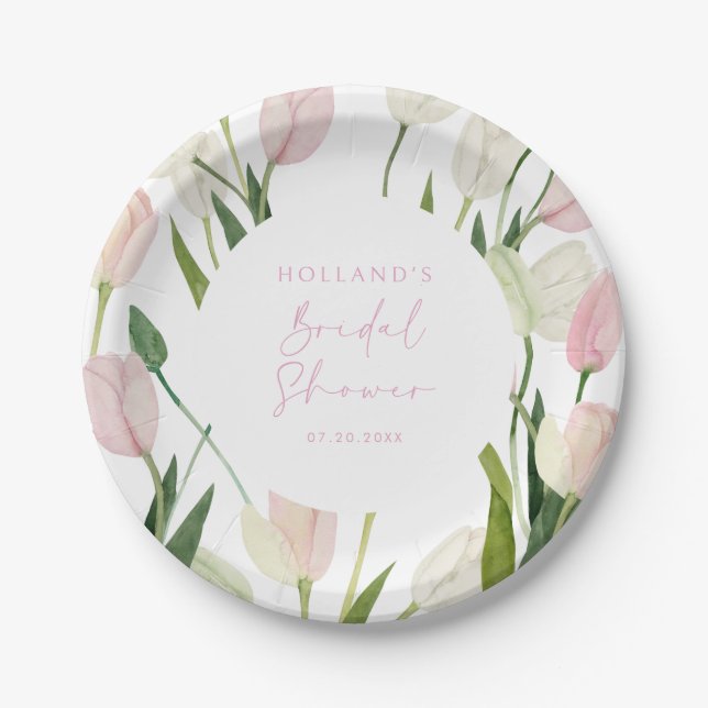 Soft Pink Tulip Bridal Shower Paper Plate (Front)