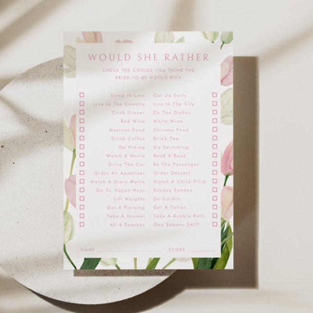 Soft Pink Tulip Bridal Would She Rather Game Card (Creator Uploaded)