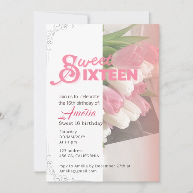 Soft pink tulip elegant sweet 16 Invitation (Front)