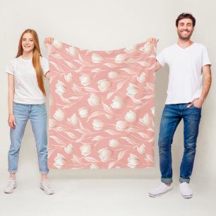 Soft Pink Tulip White Floral Pattern Fleece Blanket