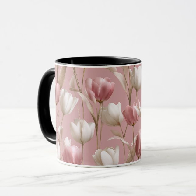 Soft Pink Tulip White Floral Pattern Mug (Front Left)