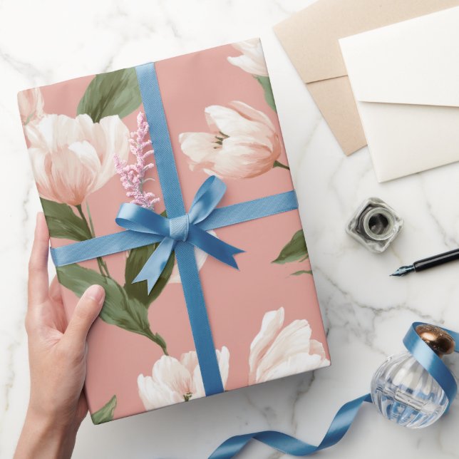 Soft Pink Tulip White Floral Pattern Wrapping Paper (Gifting)