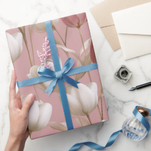 Soft Pink Tulip White Floral Pattern Wrapping Paper