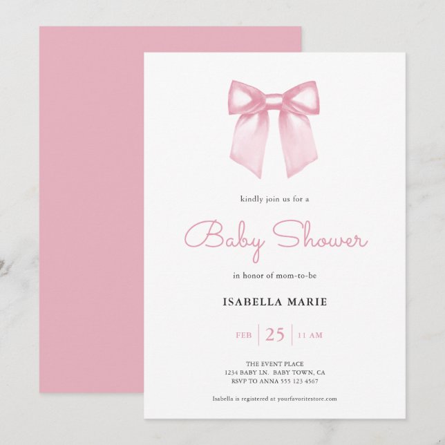 Soft Pink Watercolor Bow Baby Shower Invitation (Front/Back)