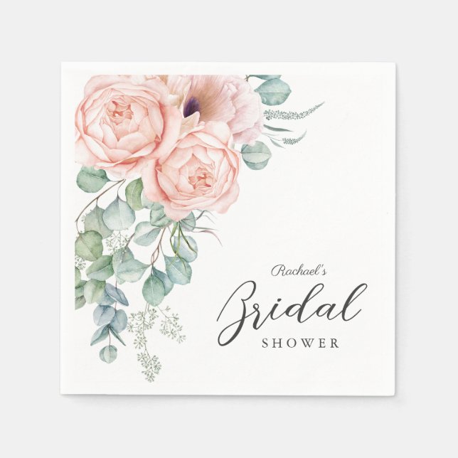 Soft Pink Watercolor Floral Bridal Shower Napkin (Front)