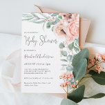 Soft Pink Watercolor Floral Girl Baby Shower Invitation<br><div class="desc">A beautifully feminine baby shower invitation featuring a corner bouquet of watercolor poppies, roses, eucalyptus and trailing greenery in soft pastel beige, pink, green and blue-green. Trendy type face pairings include handwritten script and elegant serif. This invitation is a great choice for the mother-to-be who is expecting a baby girl....</div>