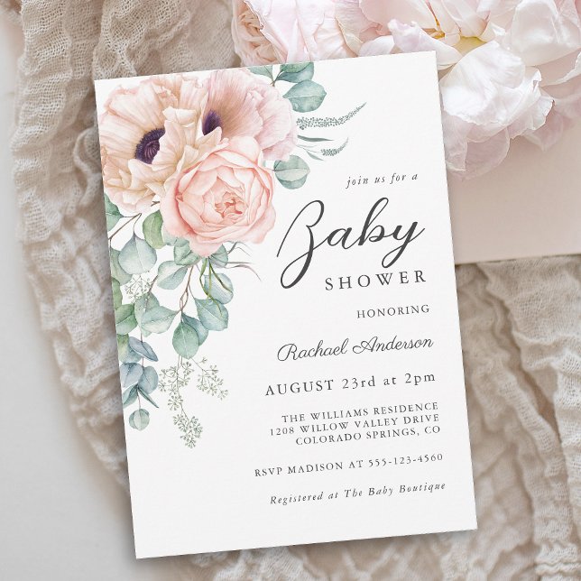 Soft Pink Watercolor Floral Girl Baby Shower Invitation (Available as printed and paperless digital download!)