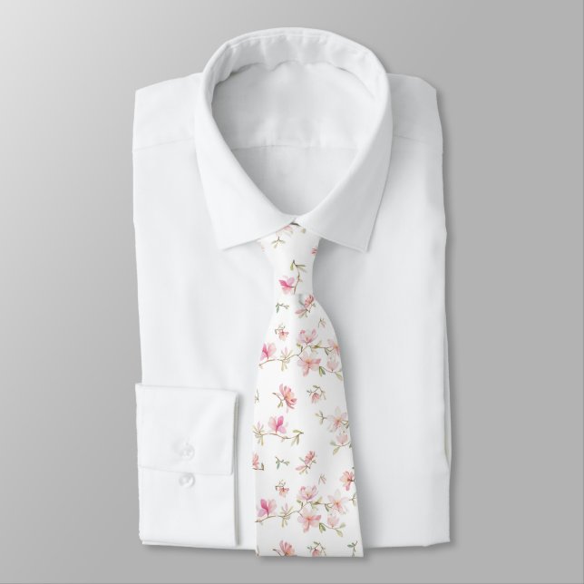 Soft Pink Watercolor Flower Pattern Tie (Tied)