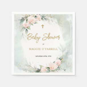 Soft Pink Watercolor Flowers and Cross Baby Shower Napkin
