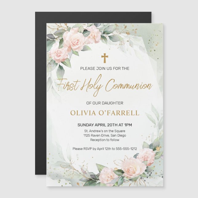 Soft Pink Watercolor Flowers Greenery Communion Magnetic Invitation (Front/Back)