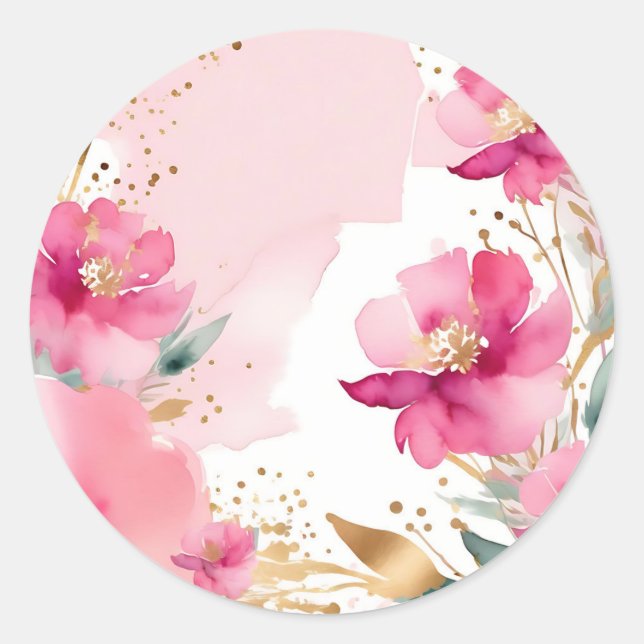 Soft Pink Watercolor Flowers With Gold Classic Round Sticker (Front)
