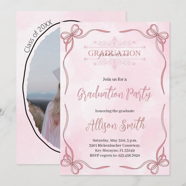 Soft pink watercolor grade invitation with bow (Front/Back)