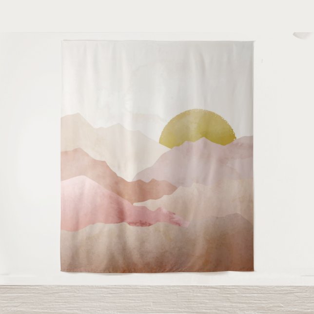 Soft Pink Watercolor Mountains Landscape Tapestry (Front)