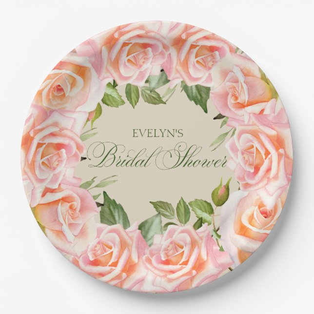Soft Pink Watercolor Roses Bridal Shower  Paper Plate (Front)