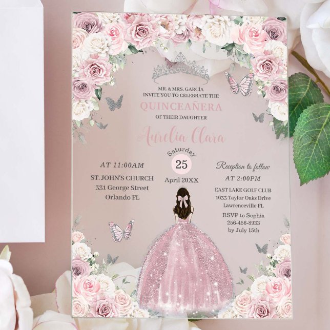 Soft Pink White Floral Princess Quinceañera XV 16 Acrylic Invitations (Creator Uploaded)