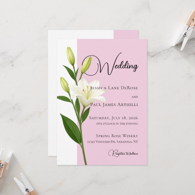 Soft Pink White Lily Wedding Invitation (Front/Back In Situ)