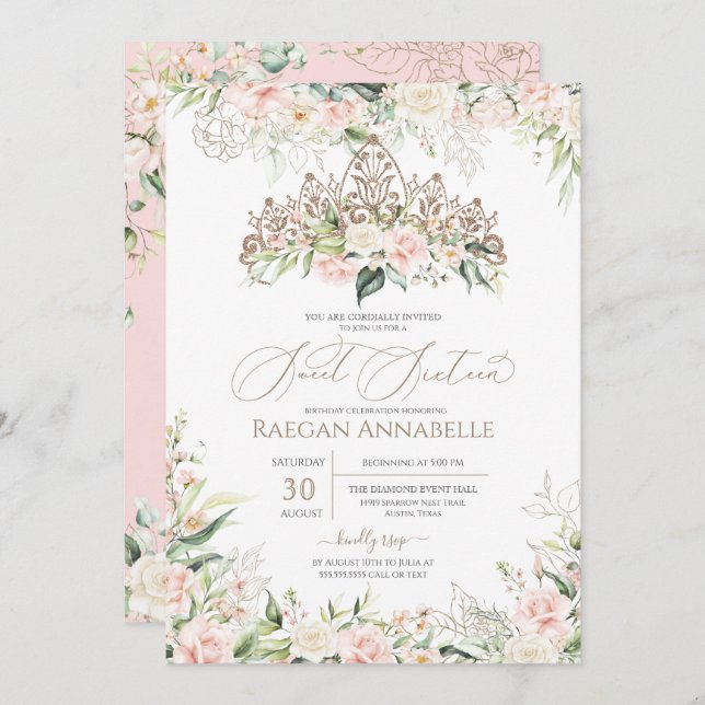 Soft Pink White Roses Elegant Sweet 16 Birthday Invitation (Front/Back)