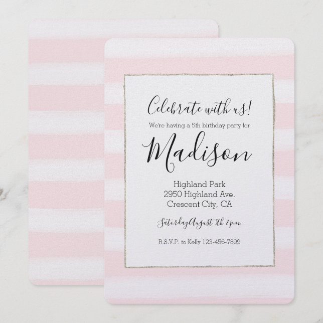 Soft Pink White Stripes Watercolor Birthday Invitation (Front/Back)
