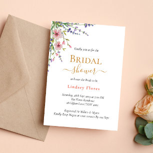 Soft Pink Wild Flowers Greenery Gold Bridal Shower Invitation