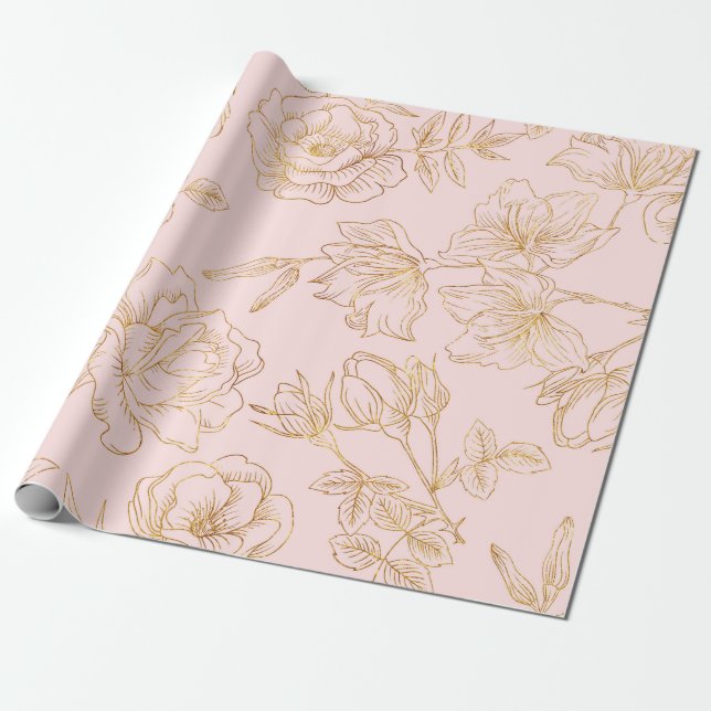 Soft Pink, with Gold Outlined Roses. Wrapping Paper (Unrolled)
