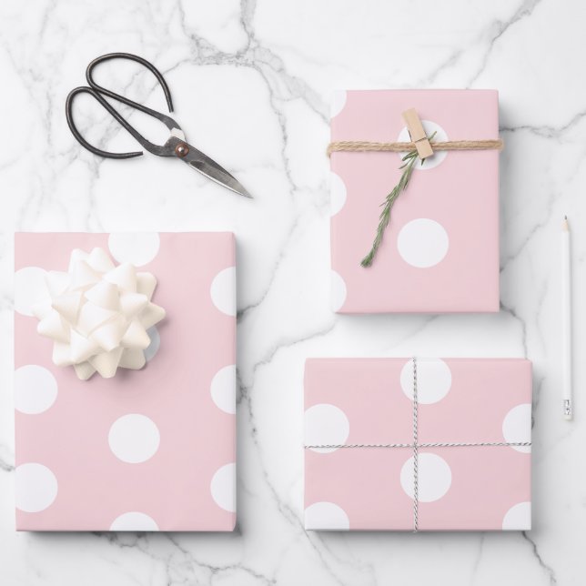Soft Pink with White Polka Dots Wrapping Paper Sheet (Front)