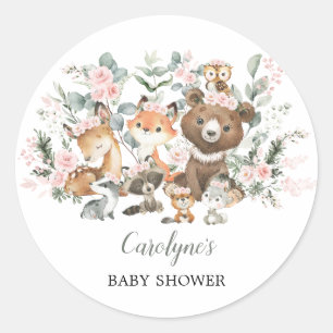 Soft Pink Woodland Animals Eucalyptus Baby Shower Classic Round Sticker