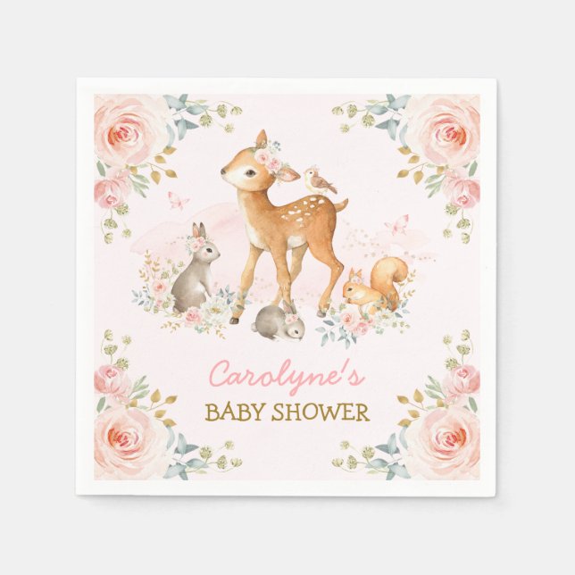 Soft Pink Woodland Forest Animals Floral Shower Napkin (Front)