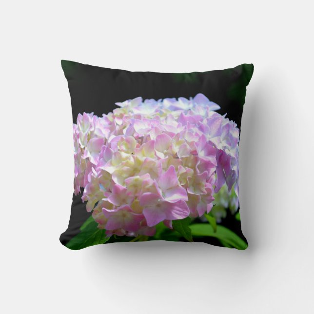Soft pink yellow purple hydrangeas flowers cushion (Front)