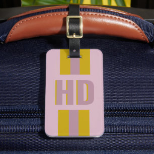 Soft Pink & yellow striped Shadow monogrammed name Luggage Tag