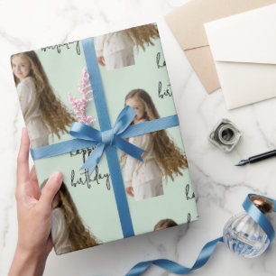 Soft Pistachio & Custom Birthday text and photo - Wrapping Paper