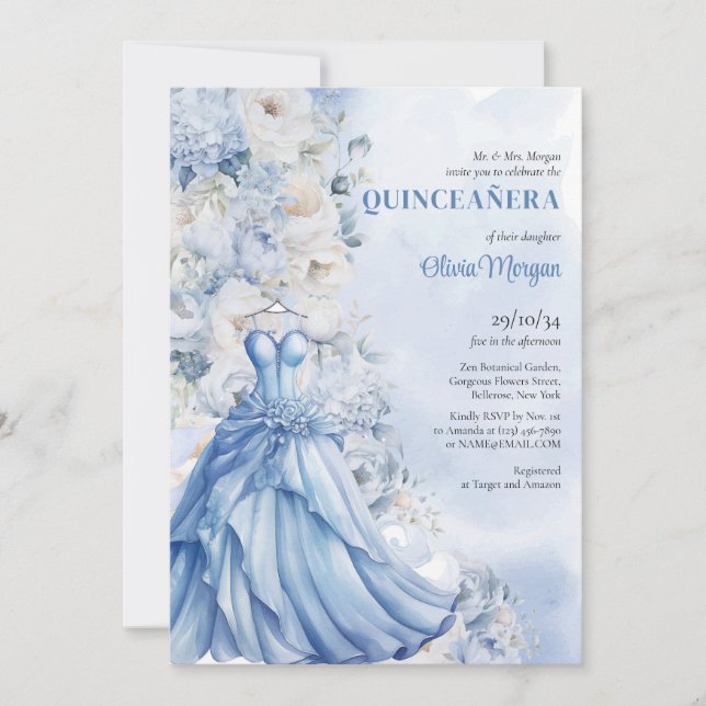 Soft powder blue floral Formal Dress Quinceañera Invitation (Front)