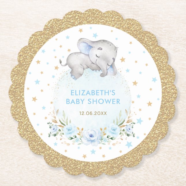 Soft Powder Blue Gold Stars Elephant Baby Shower Paper Coaster (Front)